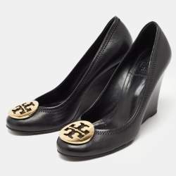 Pre Owned Tory Burch Black Leather Sally Wedge Pumps Size 37.5