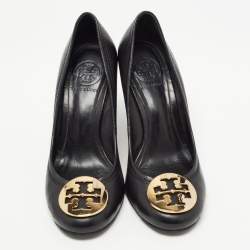 Pre Owned Tory Burch Black Leather Sally Wedge Pumps Size 37.5
