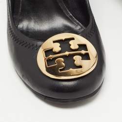 Pre Owned Tory Burch Black Leather Sally Wedge Pumps Size 37.5
