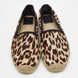 Pre Owned Tory Burch Brown/Beige Calf Hair Leopard Print Espadrille Flats Size 40
