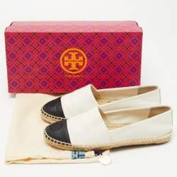 Pre Owned Tory Burch Off-White/Black Leather Logo Cap Toe Espadrille Flats Size 38