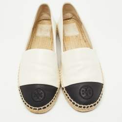 Pre Owned Tory Burch Off-White/Black Leather Logo Cap Toe Espadrille Flats Size 38