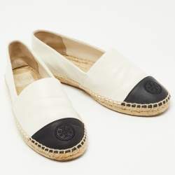 Pre Owned Tory Burch Off-White/Black Leather Logo Cap Toe Espadrille Flats Size 38