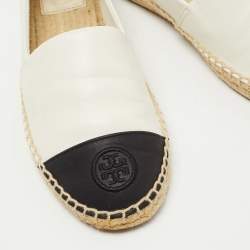 Pre Owned Tory Burch Off-White/Black Leather Logo Cap Toe Espadrille Flats Size 38