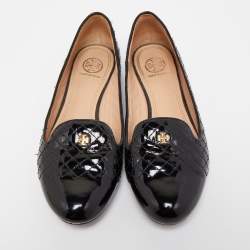 Pre Owned Tory Burch Black Quilted Patent Leather Smoking Slippers Size 37