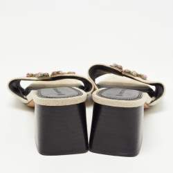 Pre Owned Tory Burch Off White Canvas And Leather Ines Slide Sandals Size 38.5