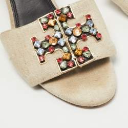 Pre Owned Tory Burch Off White Canvas And Leather Ines Slide Sandals Size 38.5