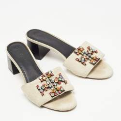 Pre Owned Tory Burch Off White Canvas And Leather Ines Slide Sandals Size 38.5