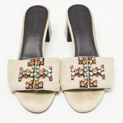 Pre Owned Tory Burch Off White Canvas And Leather Ines Slide Sandals Size 38.5