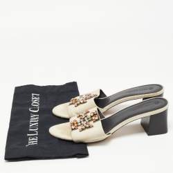 Pre Owned Tory Burch Off White Canvas And Leather Ines Slide Sandals Size 38.5