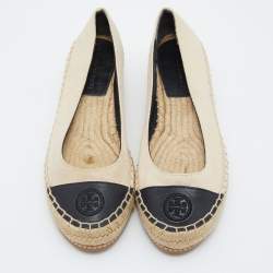 Pre Owned Tory Burch Beige/Black Canvas and Leather Flat Espadrilles Size 36.5