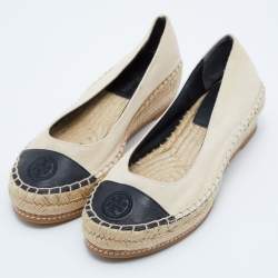 Pre Owned Tory Burch Beige/Black Canvas and Leather Flat Espadrilles Size 36.5
