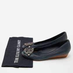 Pre Owned Tory Burch Deep Green Leather Peep Toe Ballet Flats Size 38.5