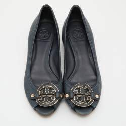 Pre Owned Tory Burch Deep Green Leather Peep Toe Ballet Flats Size 38.5