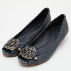 Pre Owned Tory Burch Deep Green Leather Peep Toe Ballet Flats Size 38.5