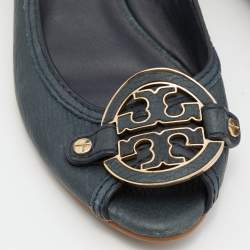 Pre Owned Tory Burch Deep Green Leather Peep Toe Ballet Flats Size 38.5