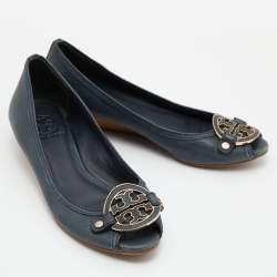 Pre Owned Tory Burch Deep Green Leather Peep Toe Ballet Flats Size 38.5