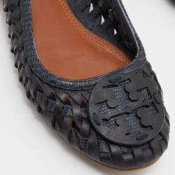 Pre Owned Tory Burch Two Tone Blue Woven Leather Ballet Flats Size 38.5