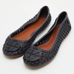 Pre Owned Tory Burch Two Tone Blue Woven Leather Ballet Flats Size 38.5
