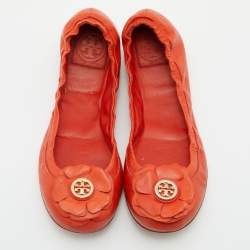 Tory Burch Orange Leather Scrunch Ballet Flats Size 38