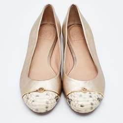 Pre Owned Tory Burch Metallic/Beige Leather and Python Embossed Pacey Ballet Flats Size 37.5
