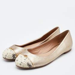 Pre Owned Tory Burch Metallic/Beige Leather and Python Embossed Pacey Ballet Flats Size 37.5