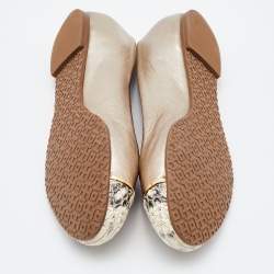 Pre Owned Tory Burch Metallic/Beige Leather and Python Embossed Pacey Ballet Flats Size 37.5