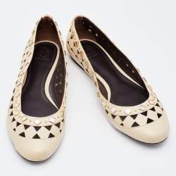 Pre Owned Tory Burch Beige Leather Embellished Kingsbridge Ballet Flats Size 39.5