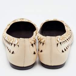Pre Owned Tory Burch Beige Leather Embellished Kingsbridge Ballet Flats Size 39.5