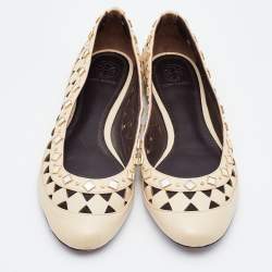 Pre Owned Tory Burch Beige Leather Embellished Kingsbridge Ballet Flats Size 39.5