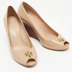 Pre Owned Tory Burch Nude Patent Leather Lowell Peep Toe Wedge Pumps Size 38