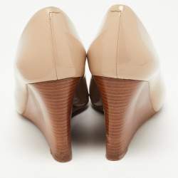 Pre Owned Tory Burch Nude Patent Leather Lowell Peep Toe Wedge Pumps Size 38