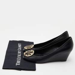 Pre Owned Tory Burch Black Leather Sophie Peep-Toe Wedge Pumps Size 39.5