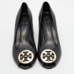 Pre Owned Tory Burch Black Leather Sophie Peep-Toe Wedge Pumps Size 39.5