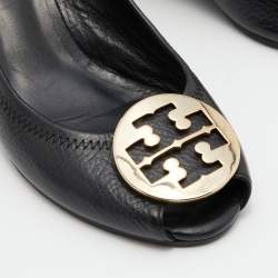 Pre Owned Tory Burch Black Leather Sophie Peep-Toe Wedge Pumps Size 39.5
