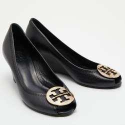 Pre Owned Tory Burch Black Leather Sophie Peep-Toe Wedge Pumps Size 39.5