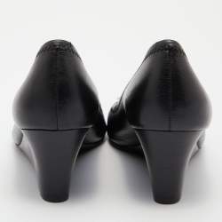 Pre Owned Tory Burch Black Leather Sophie Peep-Toe Wedge Pumps Size 39.5