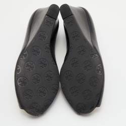 Pre Owned Tory Burch Black Leather Sophie Peep-Toe Wedge Pumps Size 39.5