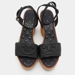 Pre Owned Tory Burch Black Leather Cork Wedge Strappy Platform Sandals Size 39.5
