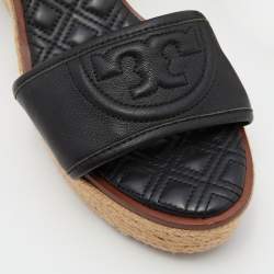 Pre Owned Tory Burch Black Leather Cork Wedge Strappy Platform Sandals Size 39.5
