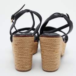 Pre Owned Tory Burch Black Leather Cork Wedge Strappy Platform Sandals Size 39.5