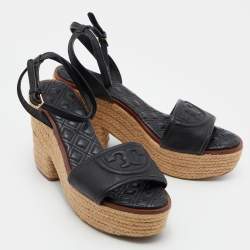 Pre Owned Tory Burch Black Leather Cork Wedge Strappy Platform Sandals Size 39.5