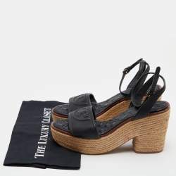 Pre Owned Tory Burch Black Leather Cork Wedge Strappy Platform Sandals Size 39.5