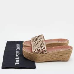 Pre Owned Tory Burch Metallic Leather Thatched Espadrille Platform Wedge Sandals Size 37.5