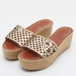 Pre Owned Tory Burch Metallic Leather Thatched Espadrille Platform Wedge Sandals Size 37.5