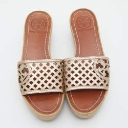 Pre Owned Tory Burch Metallic Leather Thatched Espadrille Platform Wedge Sandals Size 37.5