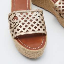 Pre Owned Tory Burch Metallic Leather Thatched Espadrille Platform Wedge Sandals Size 37.5