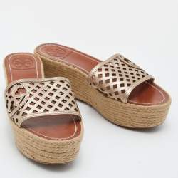 Pre Owned Tory Burch Metallic Leather Thatched Espadrille Platform Wedge Sandals Size 37.5