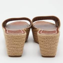 Pre Owned Tory Burch Metallic Leather Thatched Espadrille Platform Wedge Sandals Size 37.5