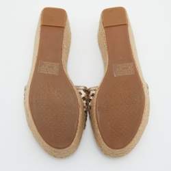 Pre Owned Tory Burch Metallic Leather Thatched Espadrille Platform Wedge Sandals Size 37.5